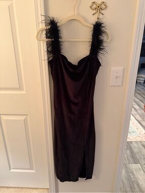 Black velvet feather trim dress